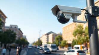 Street surveillance camera on lamp post in city.