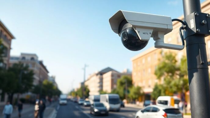 Street surveillance camera on lamp post in city.