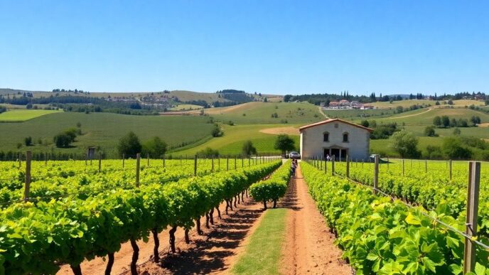 Vineyard in Alentejo with tourists enjoying wine tasting.