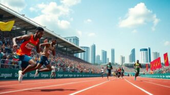 Athletes competing on a track with Lagos skyline behind.