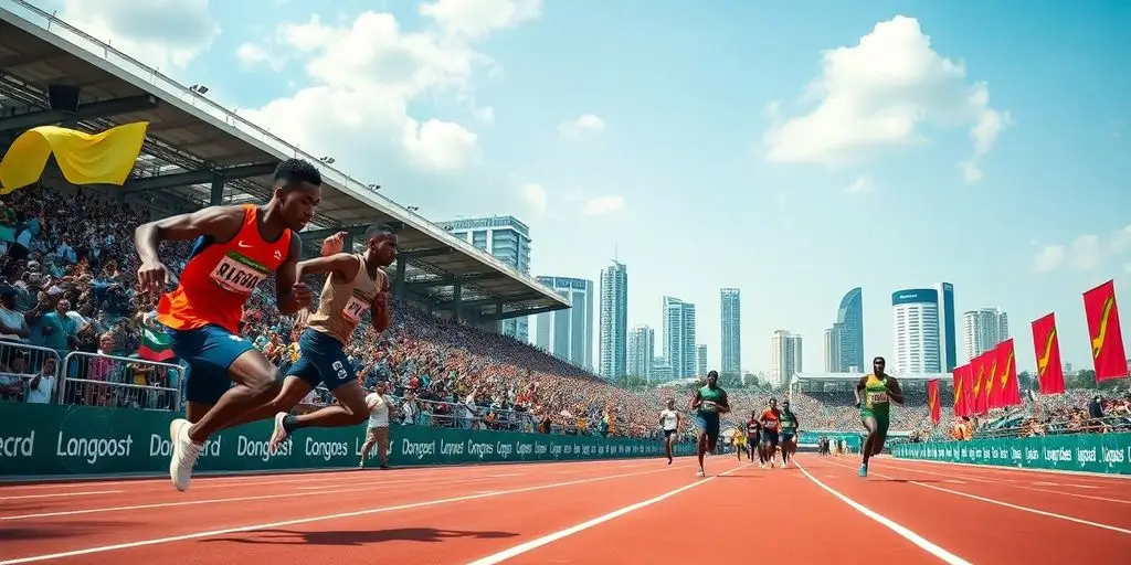 Athletes competing on a track with Lagos skyline behind.