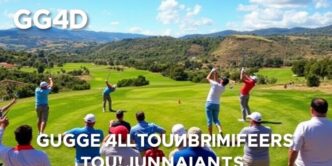 Golfers swinging on a green course in Portugal.