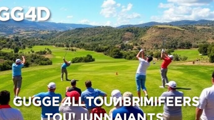 Golfers swinging on a green course in Portugal.