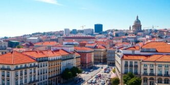 A vibrant skyline of Lisbon with historic and modern buildings.