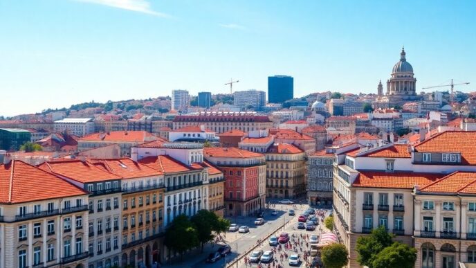 A vibrant skyline of Lisbon with historic and modern buildings.