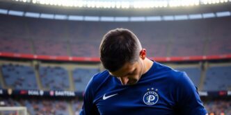 Bruno reflecting on defeat with empty stadium behind him.