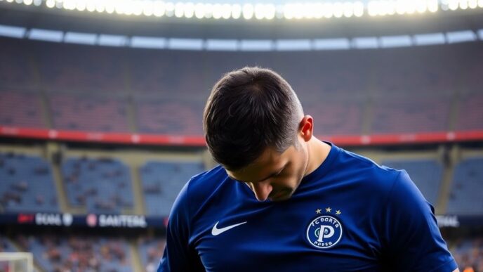 Bruno reflecting on defeat with empty stadium behind him.