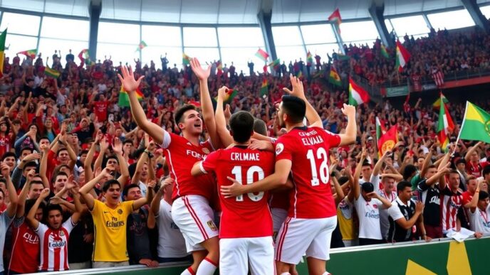 Elvas players celebrating victory in Taça de Portugal.