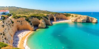 Beautiful coastline of Lagos, Portugal with golden cliffs.