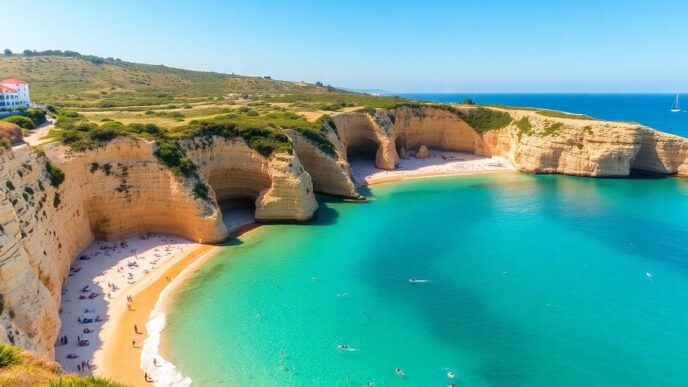 Beautiful coastline of Lagos, Portugal with golden cliffs.