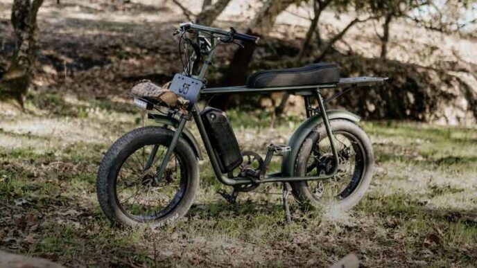 Modern electric bicycle in scenic forest in Portugal.