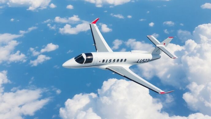 LUS222 aircraft flying in a clear blue sky.