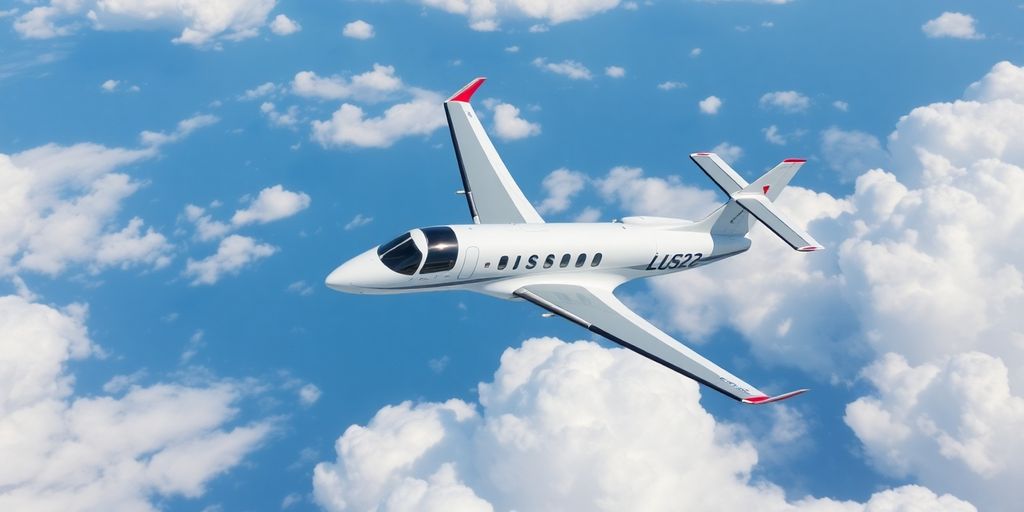 LUS222 aircraft flying in a clear blue sky.