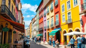 Vibrant streets of Portugal with colorful architecture and locals.