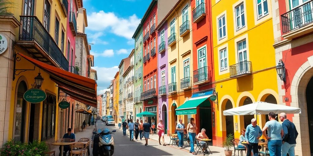 Vibrant streets of Portugal with colorful architecture and locals.