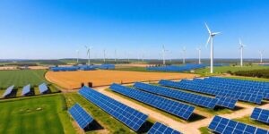 Aerial view of solar panels and wind turbines in Alentejo.