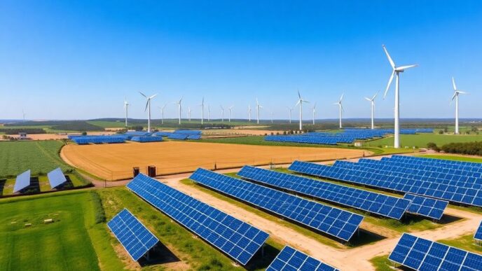 Aerial view of solar panels and wind turbines in Alentejo.