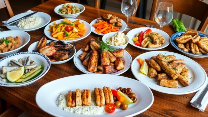 A colorful array of Portuguese dishes on a table.