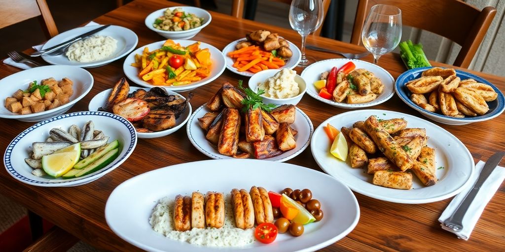 A colorful array of Portuguese dishes on a table.