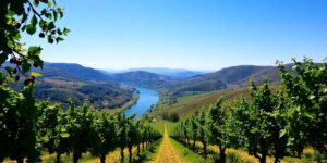 Lush vineyards in Douro Valley with rolling hills and river.