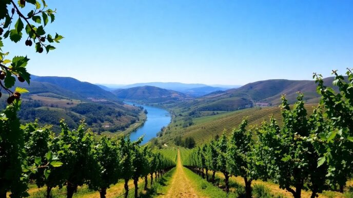 Lush vineyards in Douro Valley with rolling hills and river.