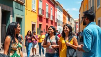 Brazilians interacting in a lively Portuguese street scene.