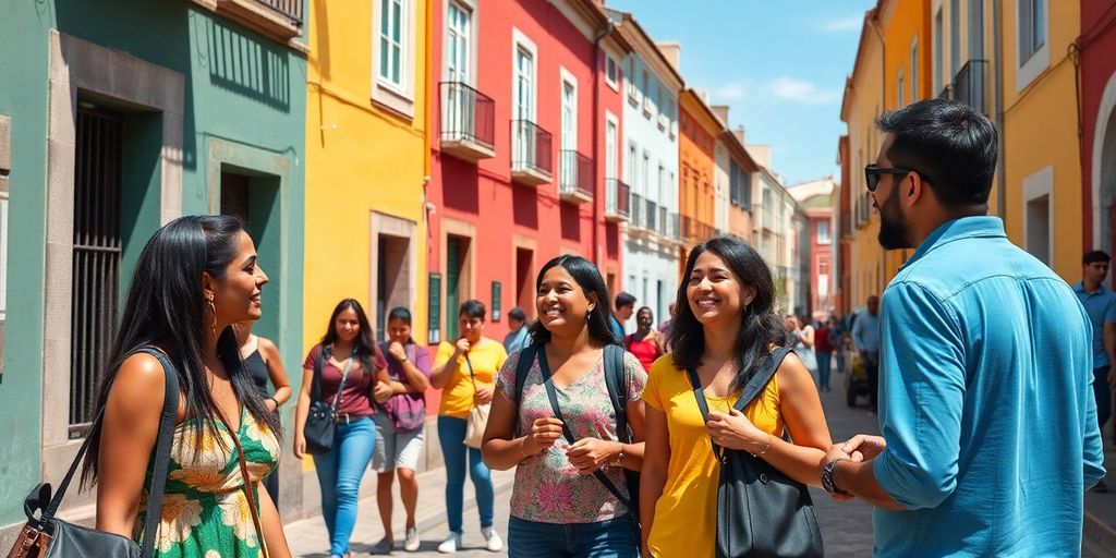 Brazilians interacting in a lively Portuguese street scene.