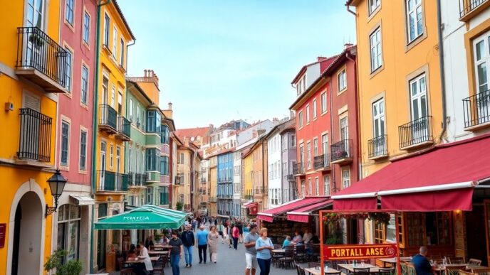 Colorful streets of Portugal with traditional architecture.