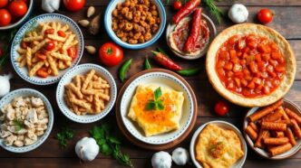 Colorful Portuguese dishes on a wooden table.