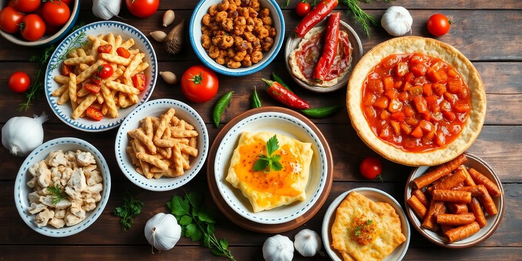 Colorful Portuguese dishes on a wooden table.