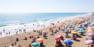 Tourists on a sunny beach in Portugal.