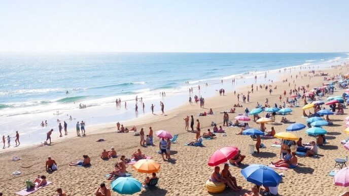 Tourists on a sunny beach in Portugal.