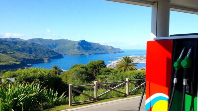 Gas pumps in Madeira with coastal backdrop.