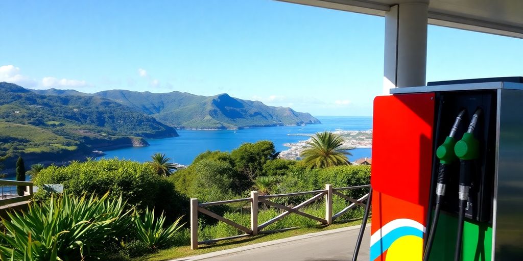 Gas pumps in Madeira with coastal backdrop.