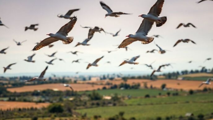 Flock of birds flying over a rural Portuguese landscape.