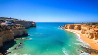 Coastal view of Algarve with beaches and cliffs.