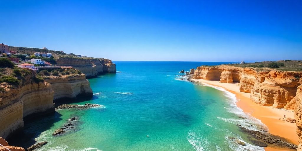 Coastal view of Algarve with beaches and cliffs.