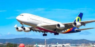 Airbus A380 landing at a Portuguese airport.