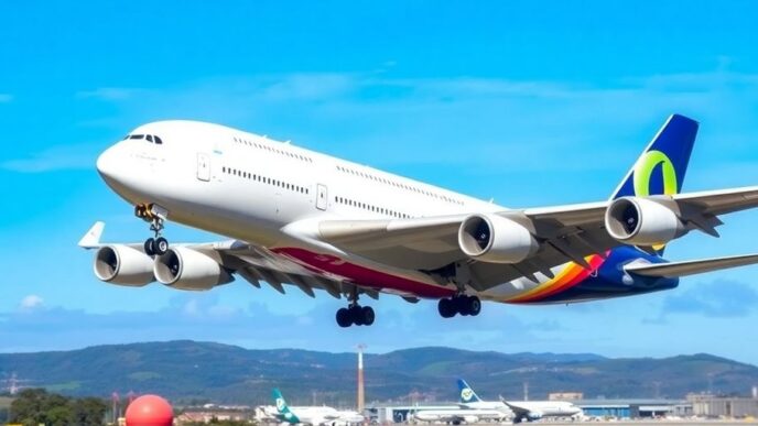 Airbus A380 landing at a Portuguese airport.