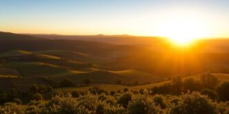 Lush green landscapes of Alentejo at sunset.