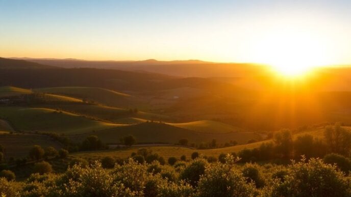 Lush green landscapes of Alentejo at sunset.