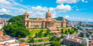 Brazil's National Congress building in a lively urban setting.