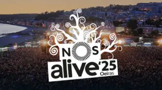 A poster for Nos Alive 25 with a crowd attending an event on the coast