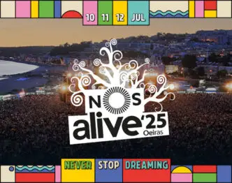 A poster for Nos Alive 25 with a crowd attending an event on the coast