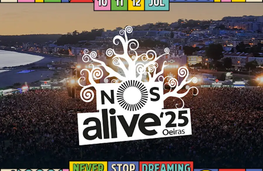 A poster for Nos Alive 25 with a crowd attending an event on the coast