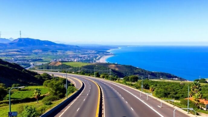 Coastal highway A-22 with smooth traffic and scenery.