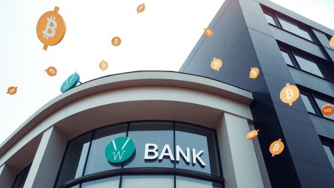 Modern bank with digital currency symbols in the air.