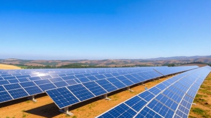 Solar panels in Portugal under clear blue skies.