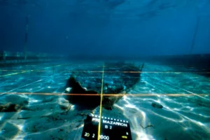 Photo taken underwater of the Mazarron II, an ancient Phoenician shipwreck located near Murcia, Spain.