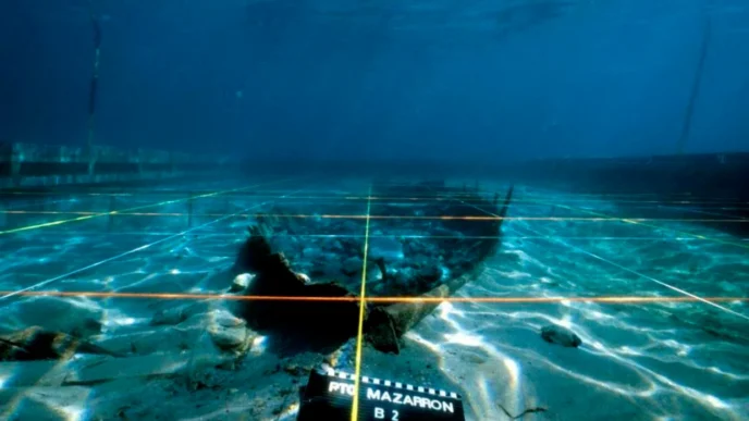 Photo taken underwater of the Mazarron II, an ancient Phoenician shipwreck located near Murcia, Spain.